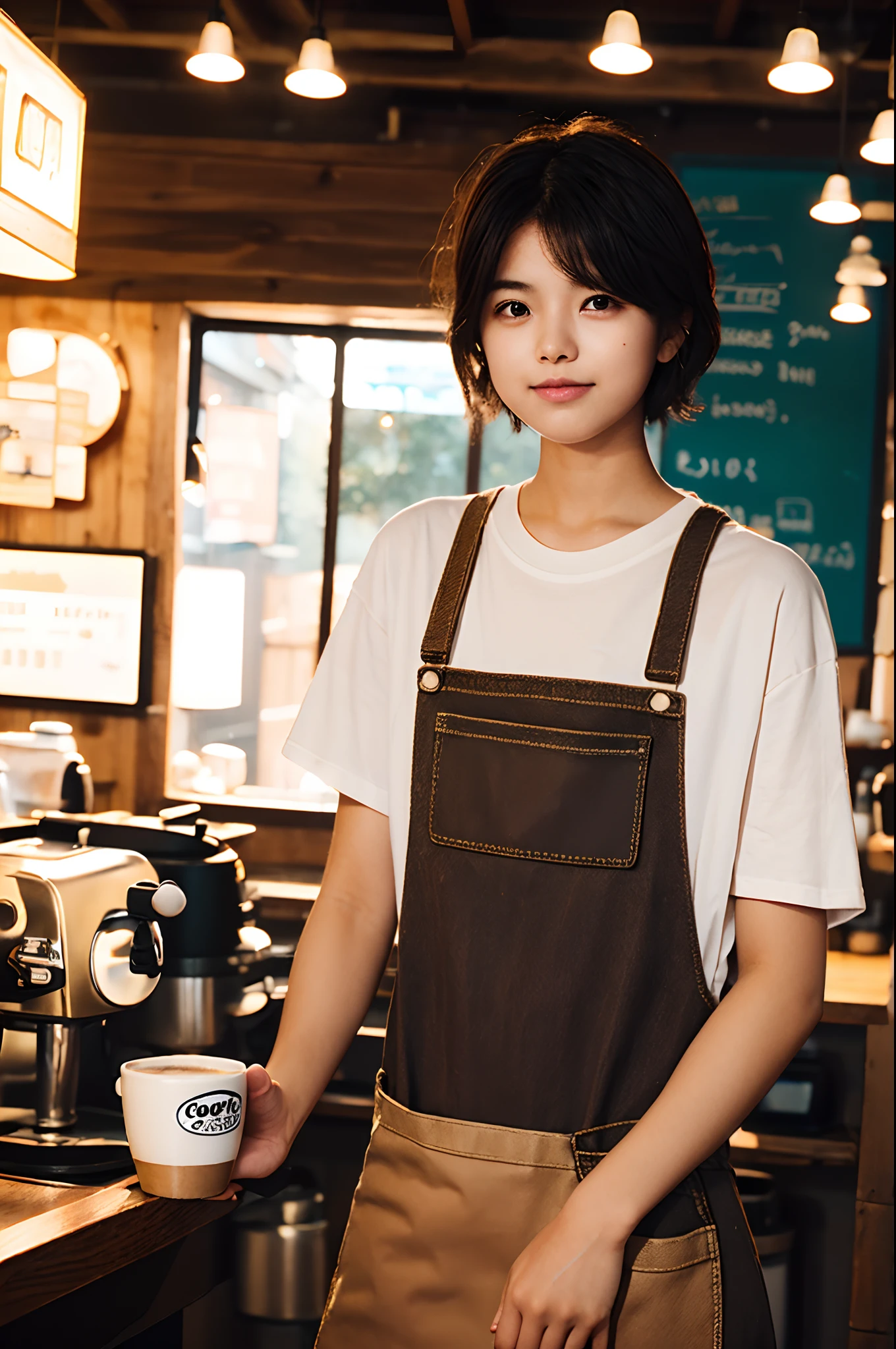 20-year-old woman working in a coffee shop、Brewing coffee、tshirts、pinafore、short-cut、Backlight illumination