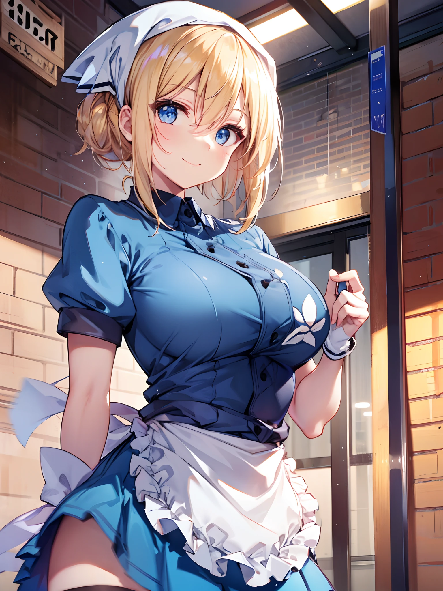 1girl in, (Chiquita:1.2), Kaho Hyuga, a blond, Twin-tailed, head scarf, woman samurai, frilld, Blue shirt, Waist apron, Puffy Short Sleeves, blueskirt,  white glove, large boob, 

(Close Shot, Best Quality, hight resolution, 4K, Detailed Lighting, Shaders, perfect anatomia), 
Looking at Viewer, 
Smiling,