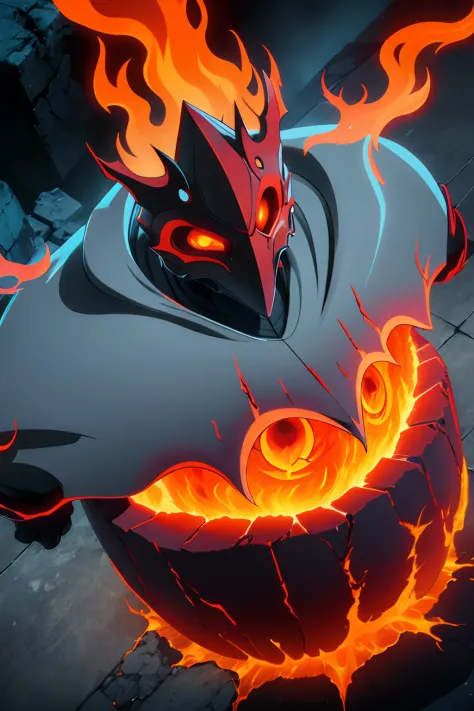 This Hollow is engulfed in continuously burning spiritual flames, creating a fiery aura around it. Its mask looks like a furious flame, with fiery eyes. It can launch projectiles of spiritual fire as attacks. full budy