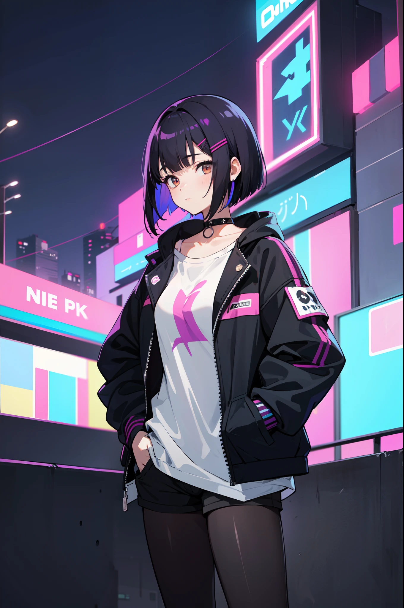 1girl, solo, teen girl, (black hair), (colored inner hair, purple hair), straight hair, bob cut, short hair, messy hair, assymmetrical hair, bang pinned back, hairclip, brown eyes, calm behaviour, inexpressive, medium breasts, choker, white shirt, black fabric shorts, (pantyhose:1.1), jacket, (oversized jacket), thighs, (hands on pockets), night city, cyberpuk, colorful, beautiful, ((neon lights)), masterpiece, best quality, 4k