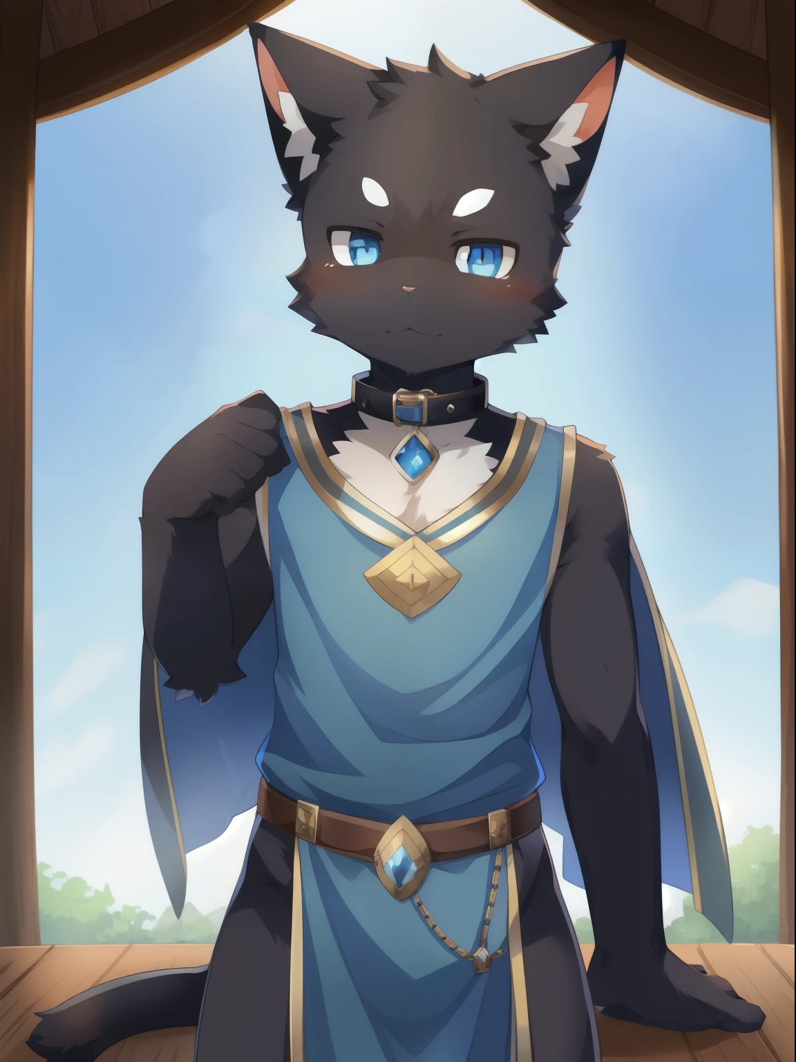 A close up of a cat wearing a blue outfit and a sword - SeaArt AI