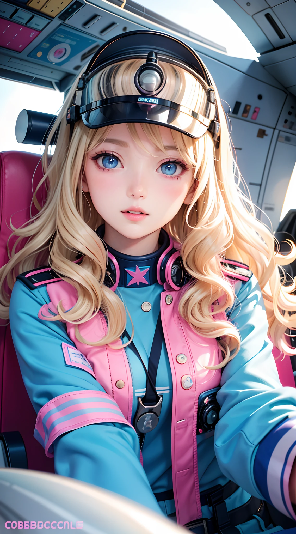 Meilleure qualité, Belle femme, Cheveux blonds ondulés, yeux bleus, Bobbicore, Uniforme de pilote rose complexe, À l'intérieur du cockpit d'un avion, cheveux ondulés, beau visage, visages parfaits, grand, Yeux colorés, doux sourire, lèvres entrouvertes, Corps parfaitement ajusté, couleurs vives, tons doux