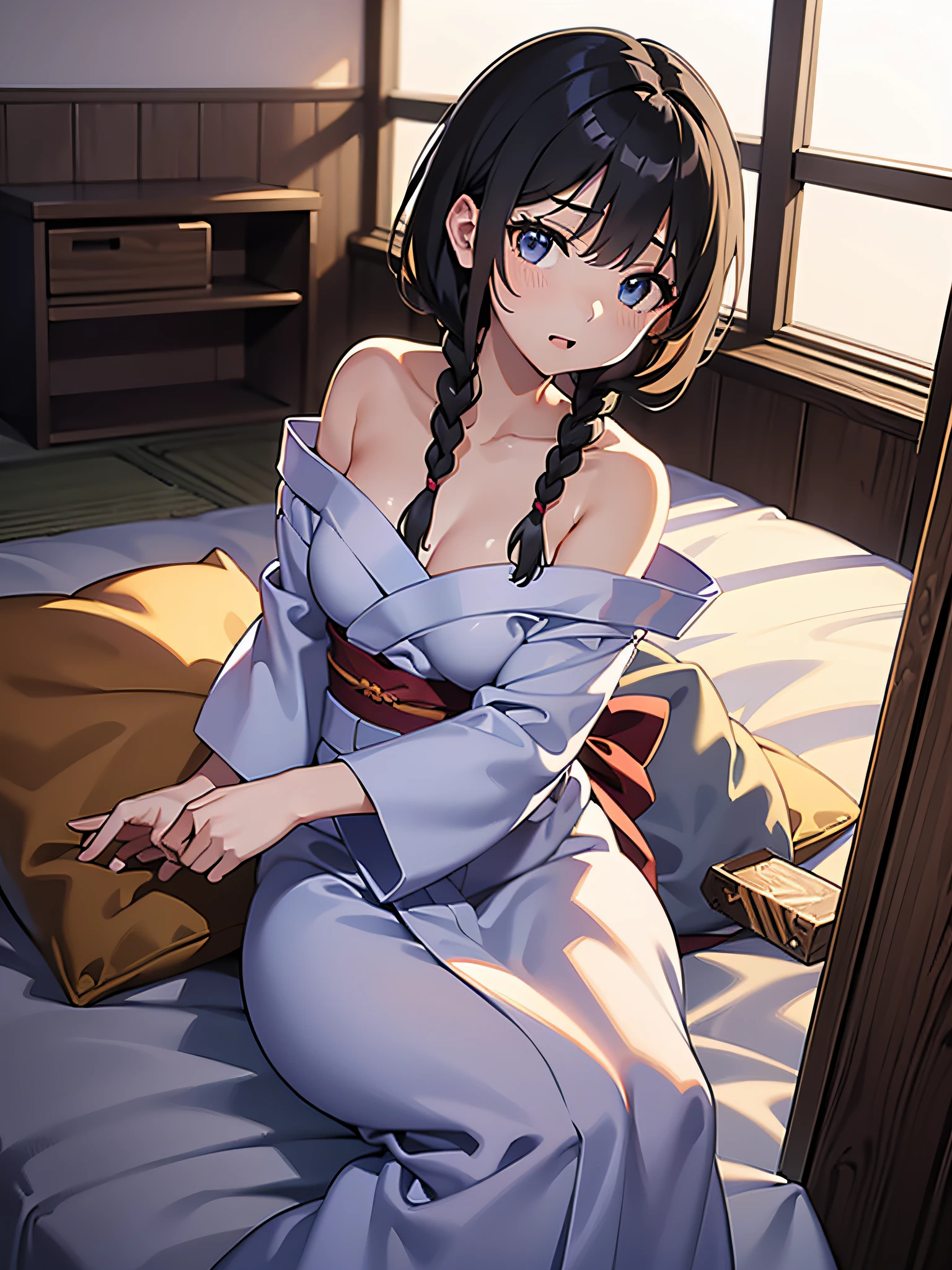 in 8K、top-quality、​masterpiece、ultra-detailliert、Ultra-high resolution、Anime style、A dark-haired、Braided hair、Light-colored yukata、natta、On the futon、bare shoulders​