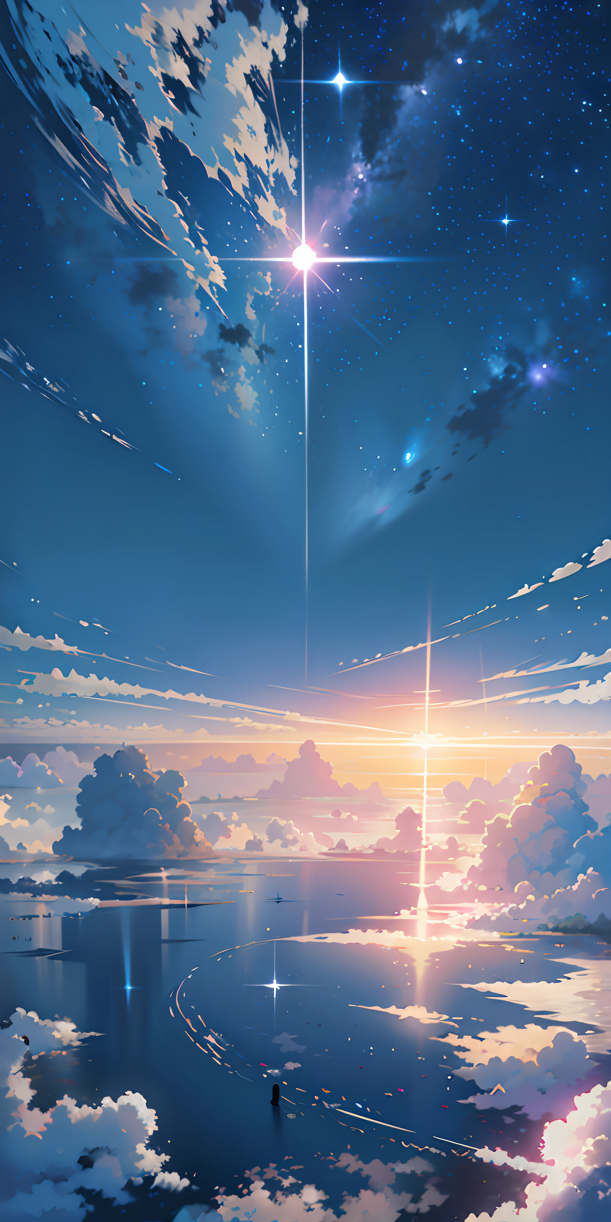 Cenário de anime de um pôr do sol com uma estrela e uma pessoa em pé em um barco, céus cósmicos. por makoto shinkai, makoto shinkai Cirilo Rolando, makoto shinkai. —h 2160, ( ( makoto shinkai ) ), Estilo de makoto shinkai, makoto shinkai!, por makoto shinkai