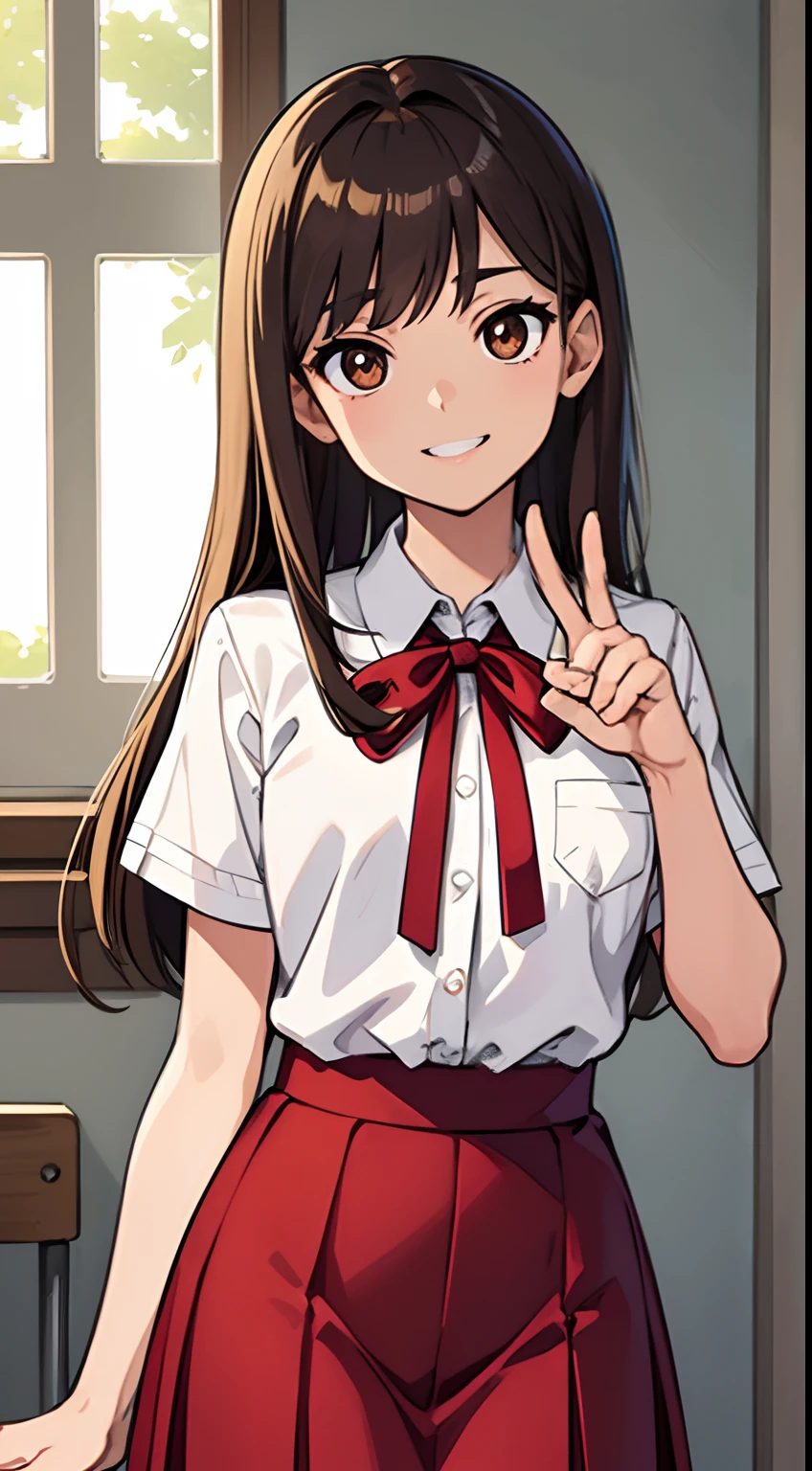((Mastepiece, Top Quality)), (Solo), Male, Close-cropped, Distant Look, Big Eyes, Brown Hair, Cocky Look, Flat Chest, Slim Thighs, Smiling, Charming Look, Peace Sign, Dressed in , Bright Red Skirt, White Short-Sleeved Shirt, Blue Ribbon, Tall, High School Student, Soft skin, large dark brown eyes (very fine), evening, school ground, lens flare, fine features, perfect anatomy, centered, perfect distance, very fine, complex, accurate and very fine, rich color, rich colors, accurate, clean, clean, rich colors, accurate, clean clean, rich color, exquisite detail, golden ratio illustration