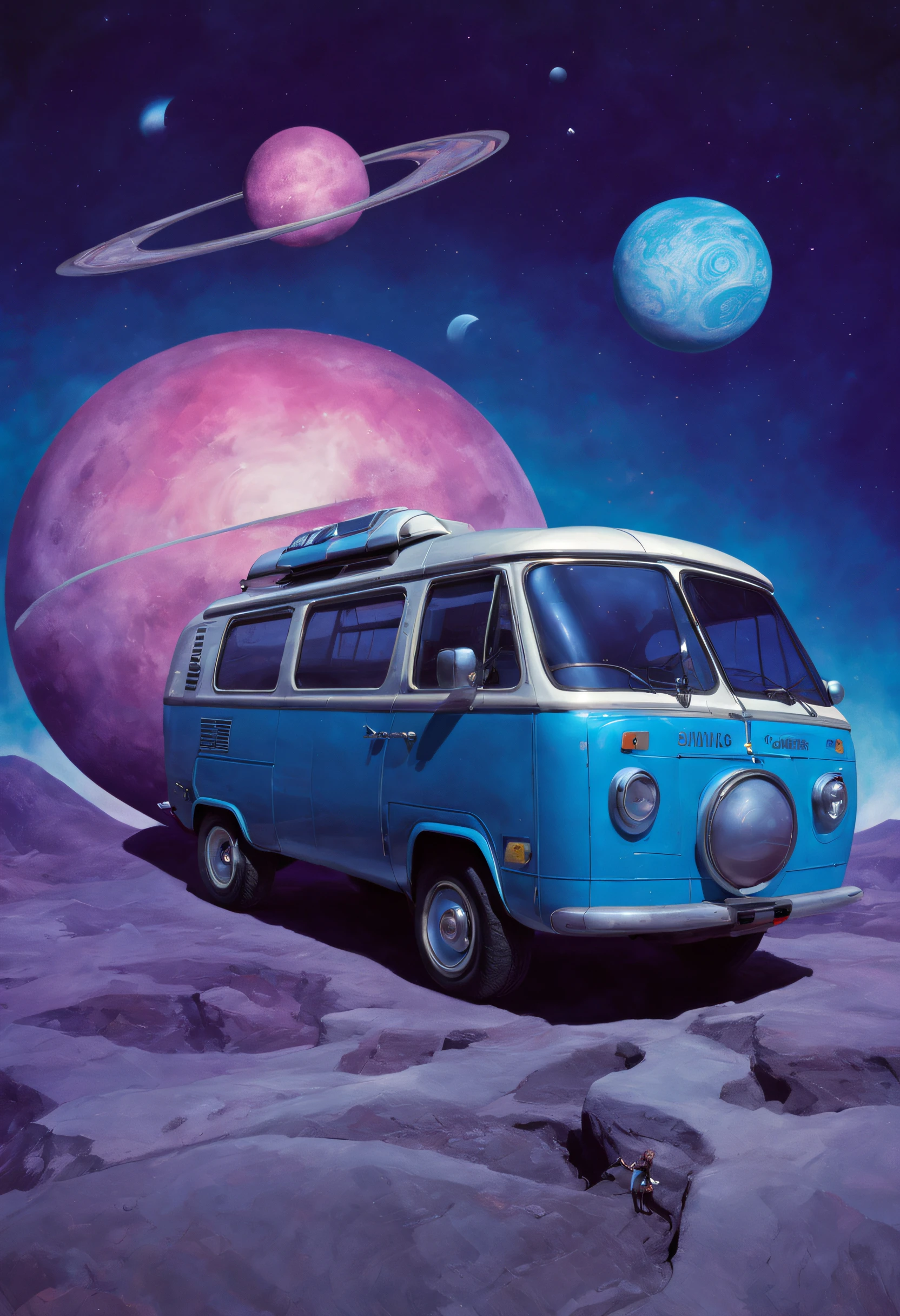 Ein riesiger futuristischer Van im Weltraum, Ausgefallener progressiver Bandstil der 1970er Jahre mit viel Glanz, Farben: Blau, Roza und Lila. Sonnen und Monde im Hintergrund.