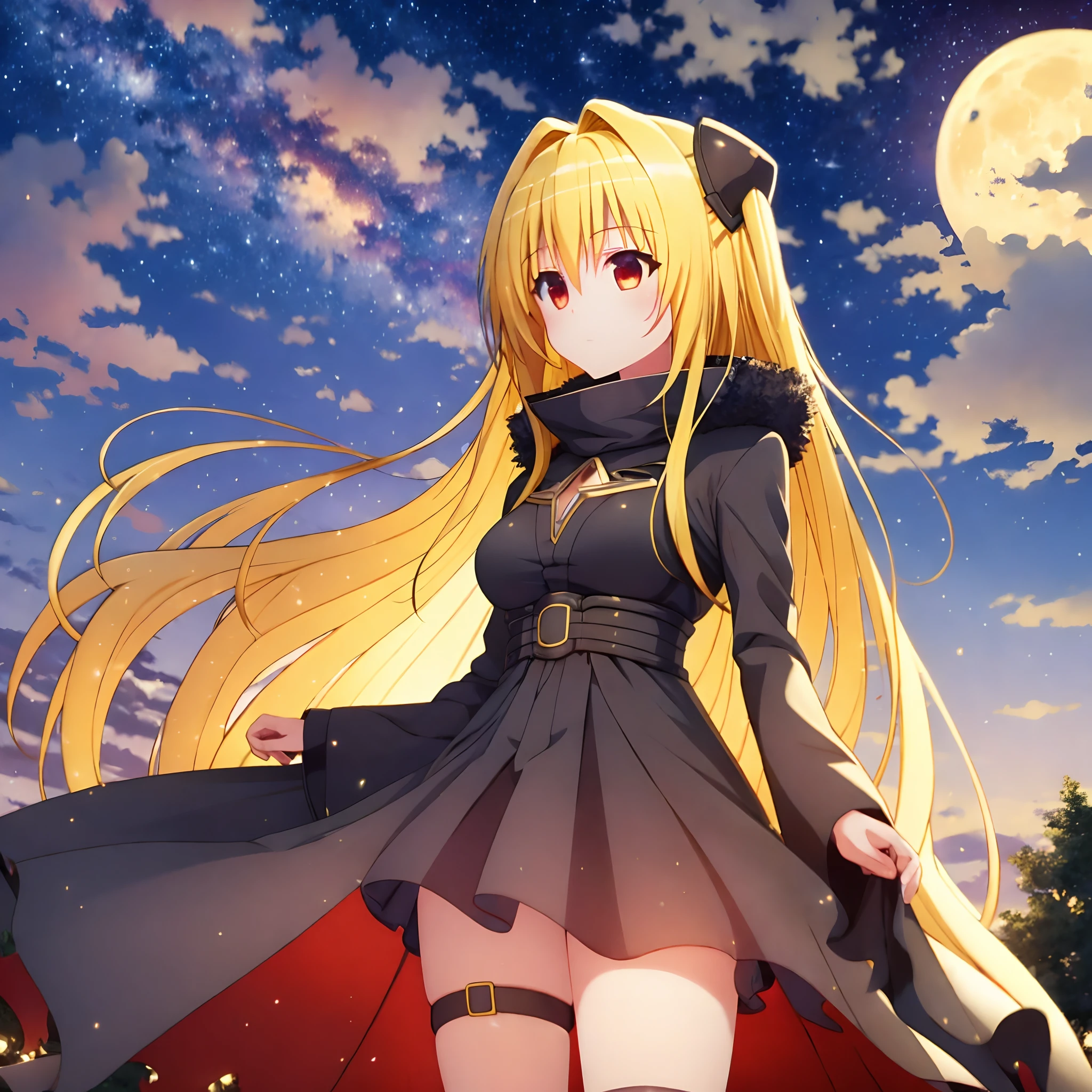 masterpiece, best quality, ultra-detailed, illustration, 1girl, solo, fantasy, flying, floating, Yami the Golden Darkness as a full grown woman, night sky, outdoors, moon, stars, clouds, wind, long layered yellow and blonde hair, elegant black coat, beautiful red eyes, mysterious