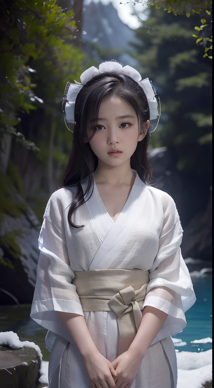 ((Best quality, 8K, Masterpiece :1.3)), Sharp focus:1.2 ， Photorealsitic，(Cinematic lighting)，Facial detail texture. Eye details. Double eyelids, Slender body. Super small breasts, 12-year-old girl, photo-realistic:1.37，Perfect eyes, ((1 girl in a white yukata))，（white sash），(Thick fabric)，((Ragged linen))，With a petite figure，brunette color hair，Long hair draped loosely，Qi bangs，Stand in a cold pool，short- sleeved，Exposing thighs，Full body like，Clothing covers the whole body，folds，((Shady snow forest background))，is shy，Be red in the face