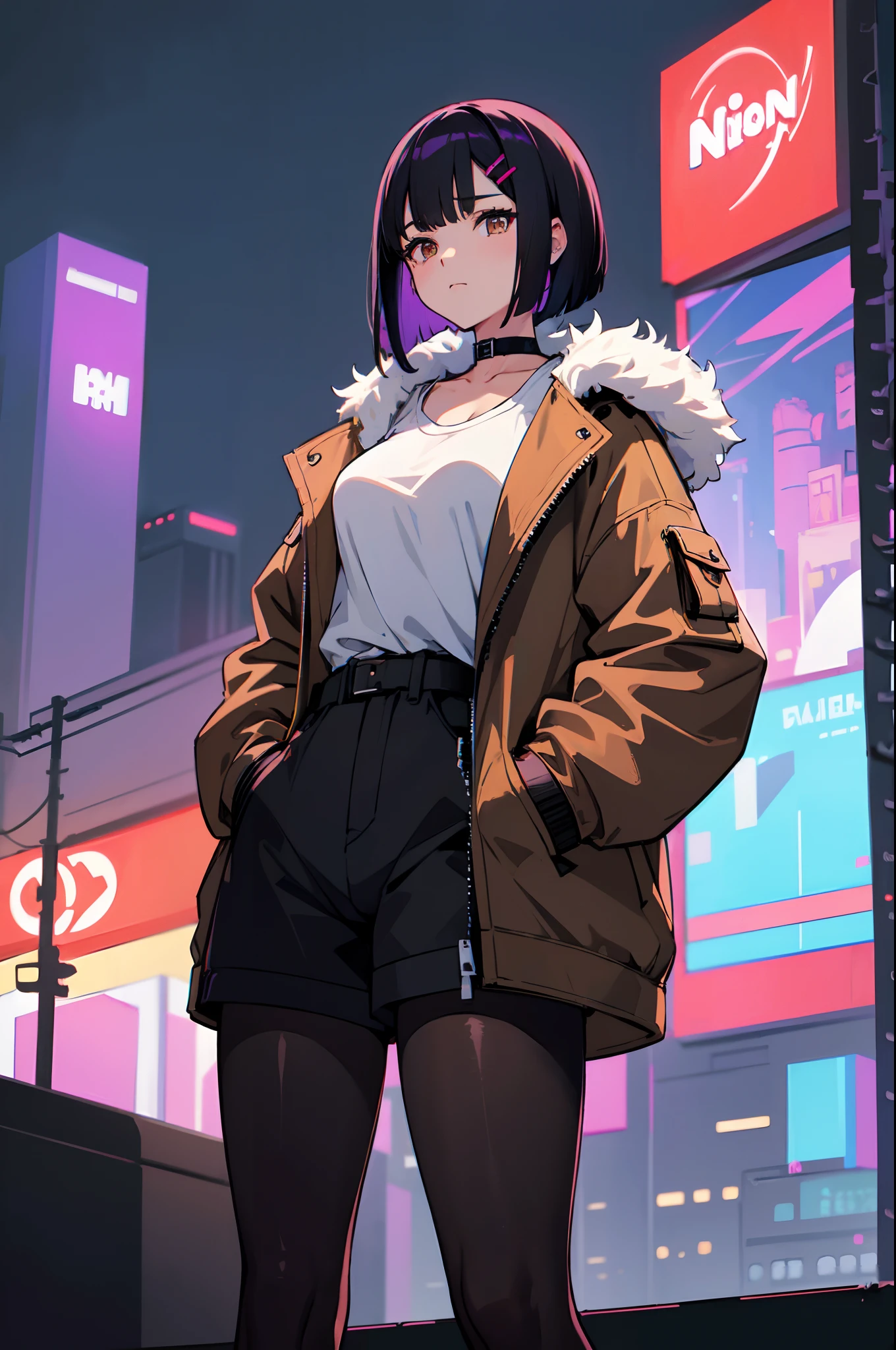 1girl, solo, teen girl, (black hair), (colored inner hair, purple hair), straight hair, (bob cut), short hair, assymmetrical hair, bang pinned back, hairclip, brown eyes, calm behaviour, inexpressive, medium breasts, choker, white shirt, black fabric shorts, (pantyhose:1.1), (fur trimmed parka jacket, brown jacket, oversized jacket:1.15), thighs, (hands on pockets), night city, cyberpunk, colorful, beautiful, ((neon lights)), masterpiece, best quality, 4k