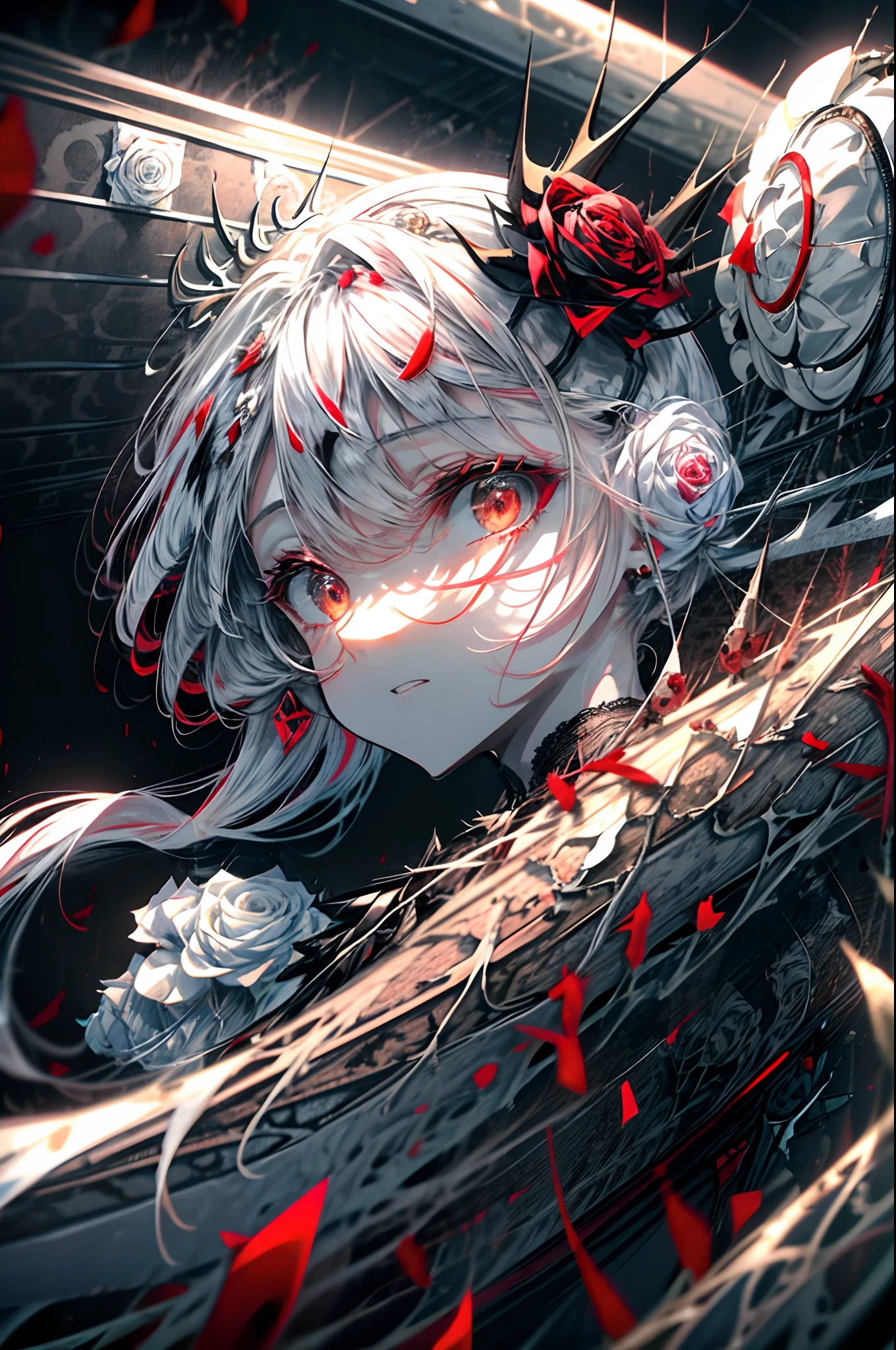 Pale painting style, one girl, long white shaggy, fluffy hair, long bangs between eyes, eyes slightly hidden by bangs, large pale red eyes, staring eyes, red eye shadow, long eyelashes, smile, doll-like white skin, (bright red roses and thorns tangled in hair:1.3), Black gothic dress, (beautiful black lace:1.3), dark background, (lots of red roses in bloom:1.5), super high quality, super detail, super detailed image, close-up of face,
