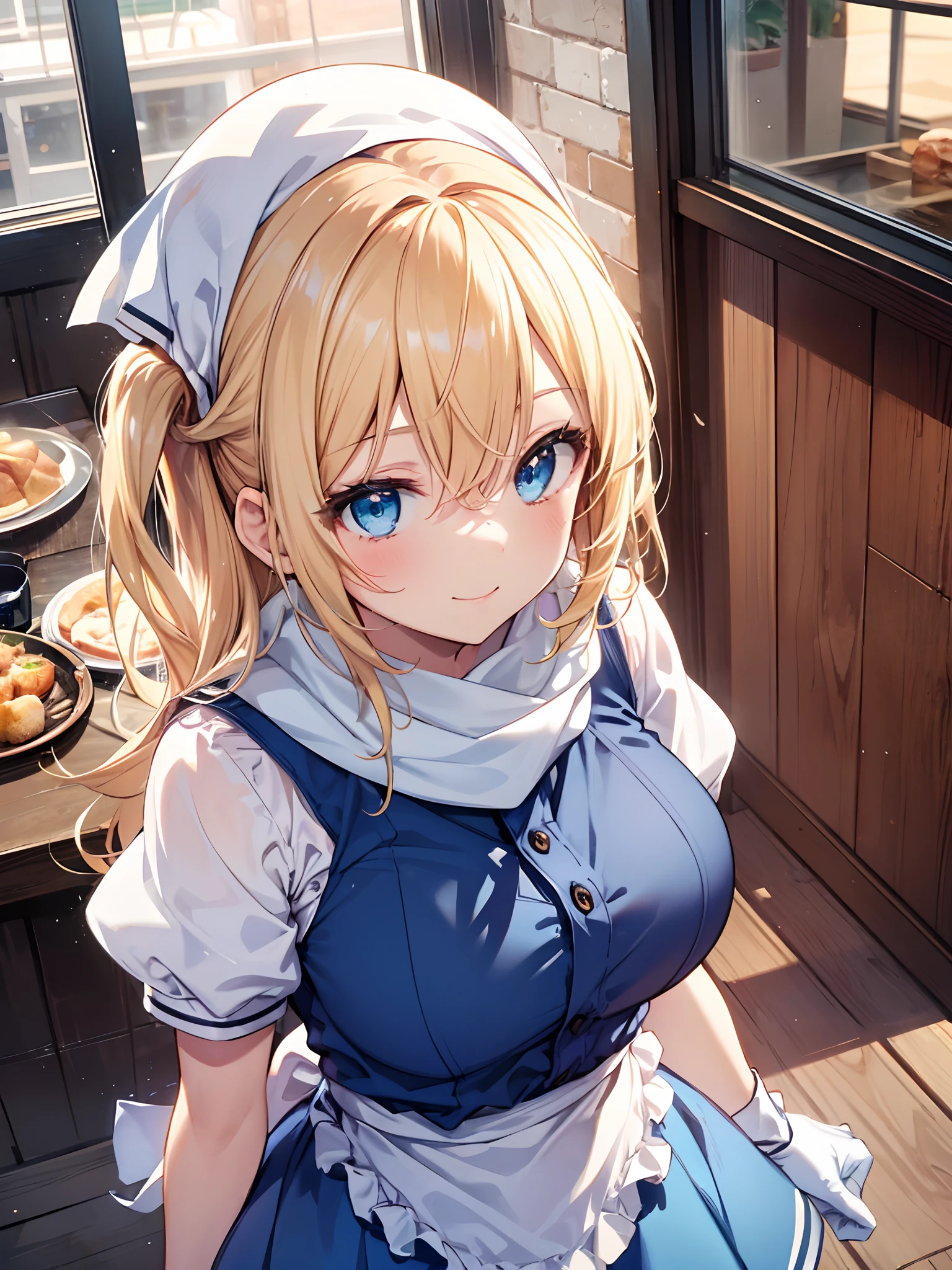 1girl in, (Chiquita:1.2), Kaho Hyuga, a blond, Twin-tailed,  woman samurai, Scarf on the head, frilld, Light blue shirt, Waist apron, Puffy Short Sleeves, blueskirt,  white glove, large boob, White placket, 

(Best Quality, hight resolution, 4K, Detailed Lighting, Shaders, perfect anatomia), 
Looking at Viewer, 
From  above, Upper Eyes, 
Smile, 
Cafe Background,