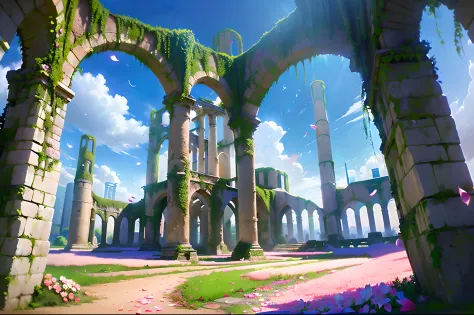 game illustration, scenery, sky, no humans, cloud, day, arch, flower, petals, outdoors, pillar, fantasy, blue sky, ruins, buildi...