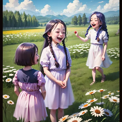 children playing, daisies, happy, colourful field, laughing, joy, plaited braided long hair, multicultural, outside achurch --au...