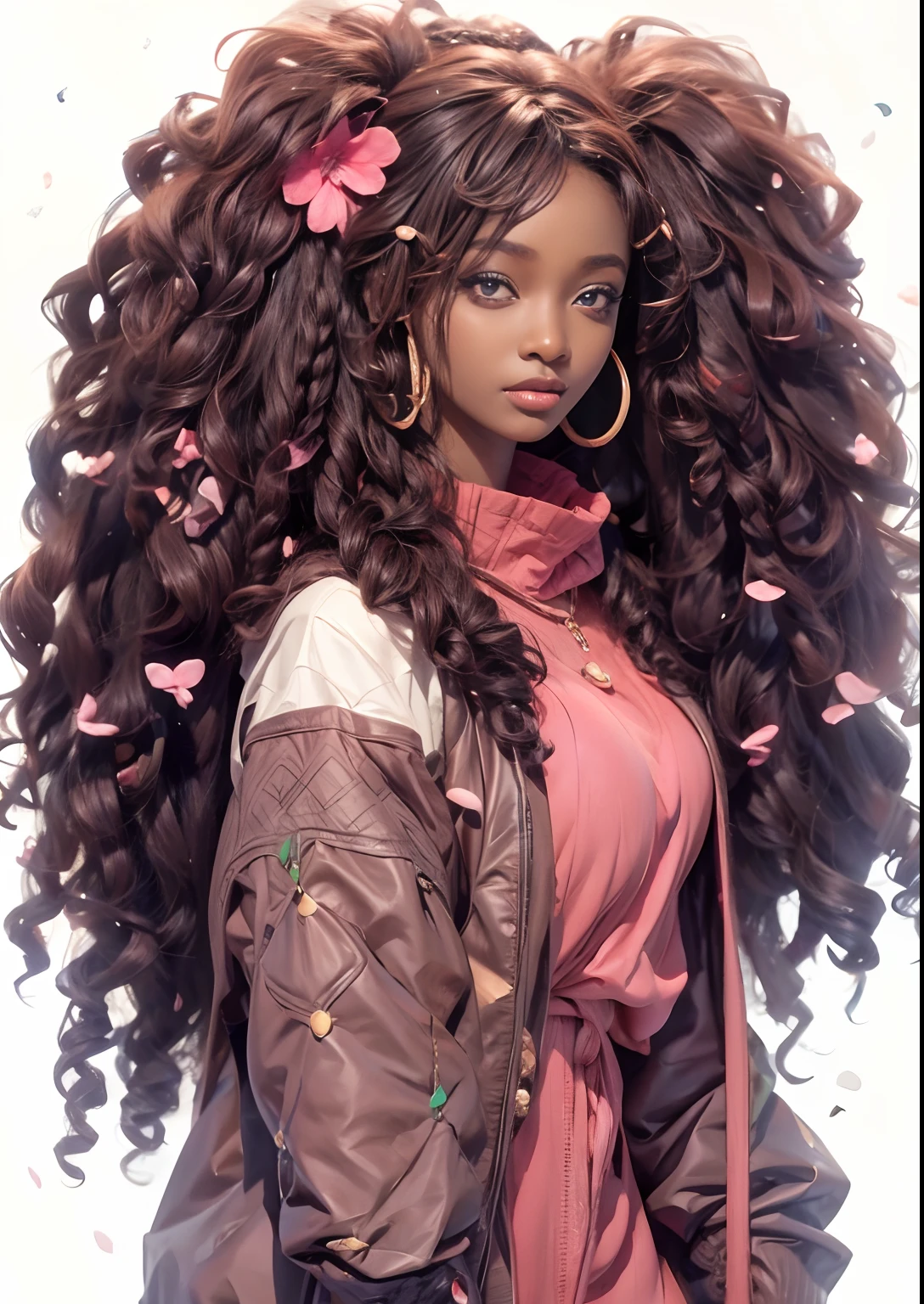 A close up of a woman with long curly hair wearing a jacket - SeaArt AI