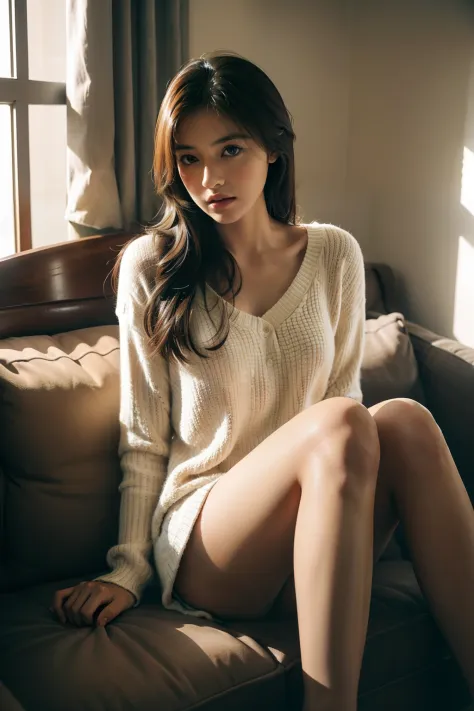 1girl in,Sitting on a cozy sofa,open one's legs,Panchira,Soft light,