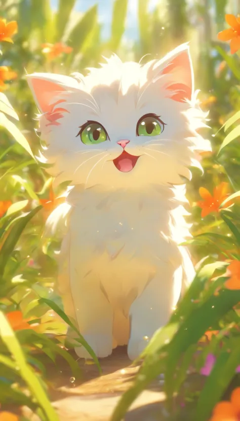 Very cute furry white tropical punk kitten，largeeyes，flower  field，full body Esbian，bocchi，laughingly，Professional Light，Faraway view，depth of fields，8K，Wide-angle high-angle view，professional photoshoot，rendering by octane，best qualtiy，tmasterpiece，