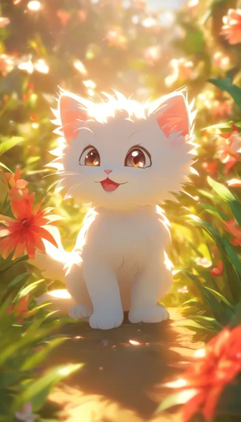 Very cute furry white tropical punk kitten，largeeyes，flower  field，full body Esbian，bocchi，laughingly，Professional Light，Faraway view，depth of fields，8K，Wide-angle high-angle view，professional photoshoot，rendering by octane，best qualtiy，tmasterpiece，