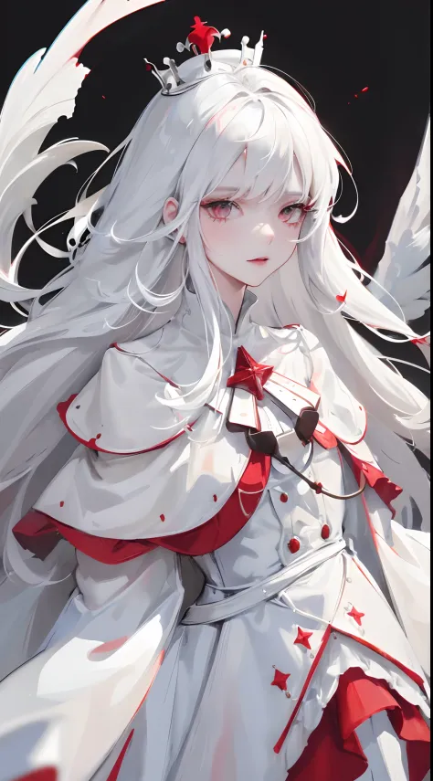 A white-haired girl，The clothes are red, white and black，Crown on head，Stars and other elements，high detal，high qulity，Good atmosphere，delicated，cg render，detail render，（Delicate facial portrayal）（Fine hair depiction）（highest  quality）（Master masterpieces）...