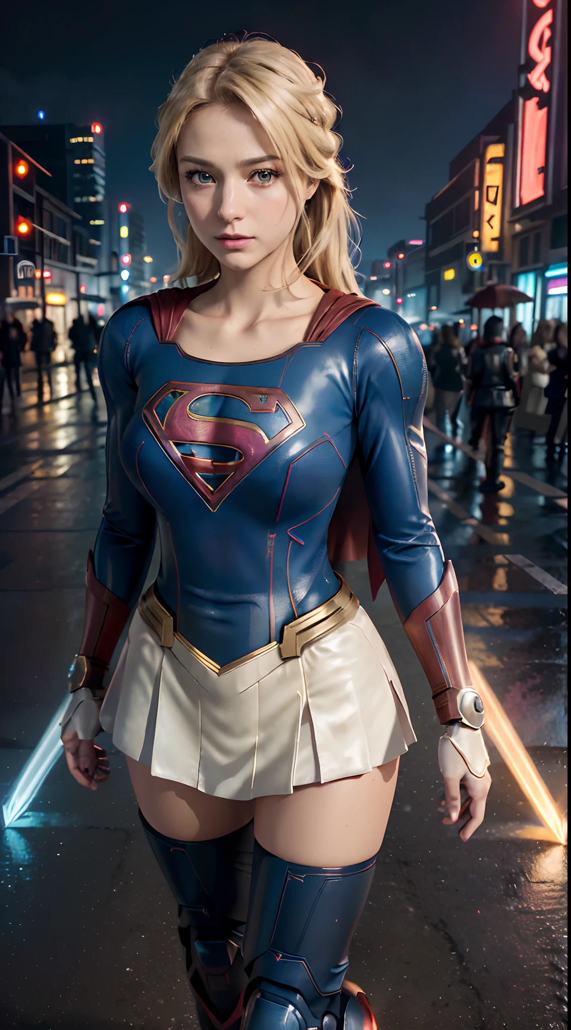 Photorealistic,Realistic illustration in Manga Style,((Masterpiece)),((Best quality)),((Ultra detailed)),((1girl)),((only)),((waifu:1.5)),Unreal Engine 5,Photon Mapping,Physically-based rendering, Perfect anatomy,Cute_face,Exceptionally Beauty Waifu Realistic Photo Of Young Exceptionally Beautiful Waifu Melissa Benoist as Supergirl,((Majic Energy Aura)),((Majic Mistery Aura Of Energy Around The Body)),in a Fantasy Street,Close Up Face,((Wearing Off-shoulder Supergirl Costume Futuristic Tech Neon Armored Dress)),((Mechanized Tech Neon Parts in Arms and Legs Visible:1.3)),((Mechanized Valkyrie Neon Futuristic Tech Full Armor Supergirl Suit:1.3)),((Light Blonde Hair:1.3)),((Glowing-Red-Eyes)),Wavy Hair,Eyeliner,Cute Makeup,((Perfect Detailed Eyes)),Cyberpunk City,rainy outside,night,Vivid Details,Maximum Details,Hyper Defined Details,((HDR,UHD,DSLR)),((Film Grain:1.3)),Fujifilm X-T4,((Extremely CG Unity 8K Wallpaper)),Intricate Detailing,Extremely Beautiful and Aesthetic,Octane Rendering,Full Body Portrait,Damp Skin,((Perfect Detailed Body)),melissabenoist-smf