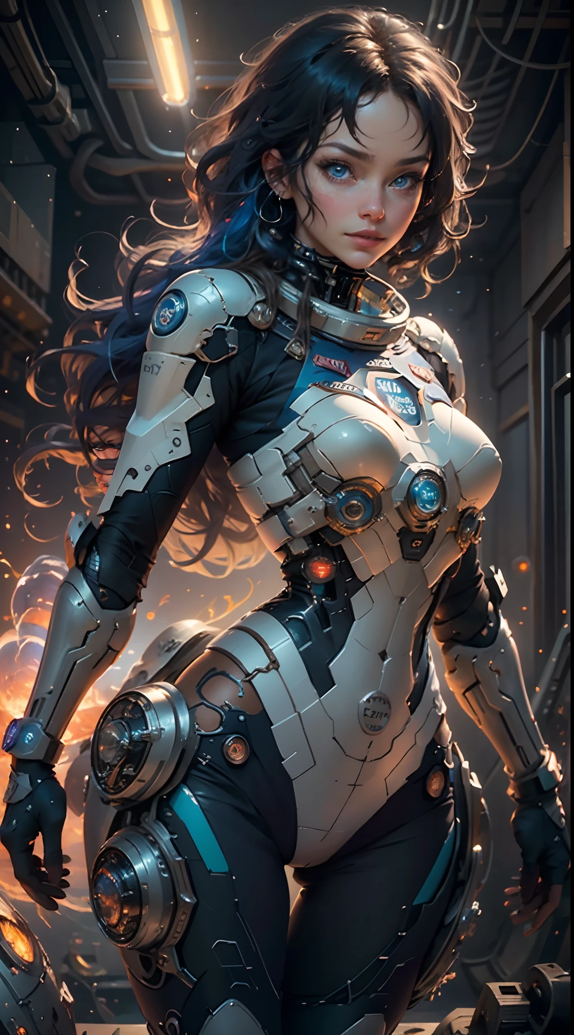 unreal engine:1.4,UHD,The best quality:1.4, photorealistic:1.4, skin texture:1.4, Masterpiece:1.8,Beautiful woman, Space Station ,blue background,blue hair:1.4,（Beautiful and detailed eye description）,