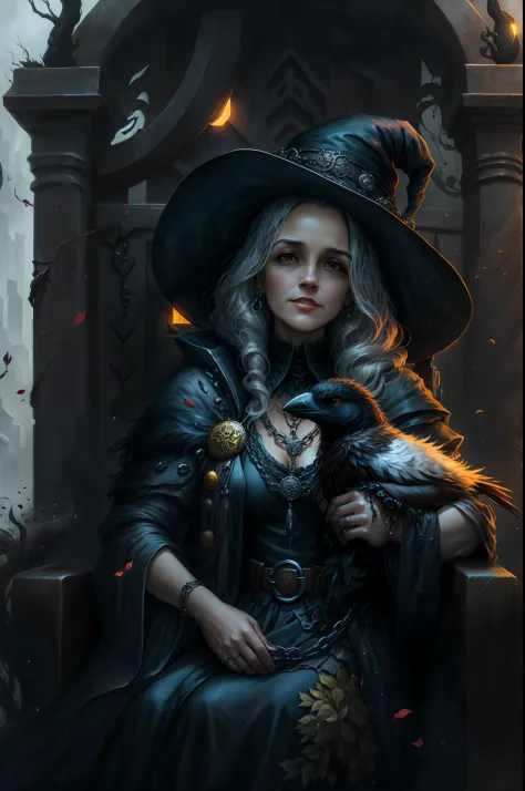 Uma velha bruxa sentou-se em uma cadeira，Holding a crow in his arms，The old witch's face was wrinkled like oracle bones，The old ...