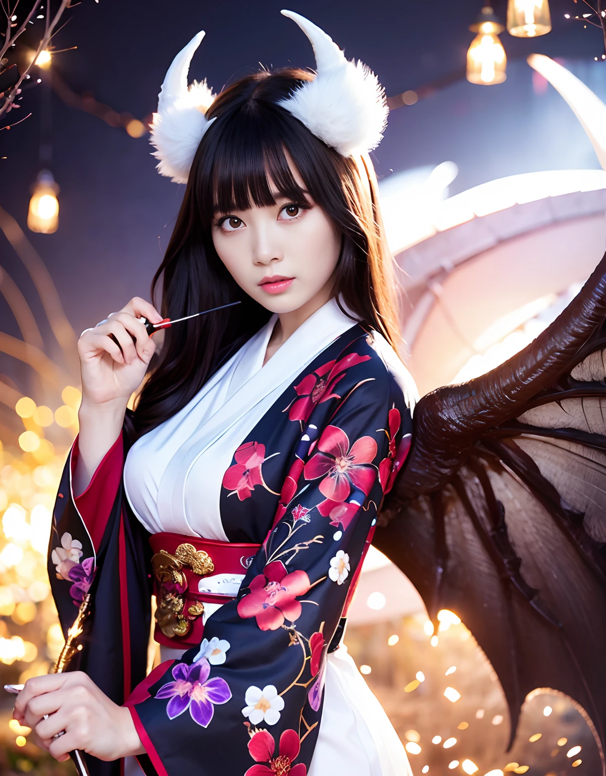 ((White ghost flies)),Professional , ​masterpiece、top-quality、photos realistic , depth of fields 、（Various poses）、(Background of cherry blossoms in full bloom),（Ultimate Beauty）、（A dark-haired）、（Fight ninjas)、Mystical expression、（Kimono with scary pattern）、（Night background）、（（Devil's Wings Grow））,(Wear a kimono with a horror pattern),Armpit、（Wearing a beautiful kimono with colorful scary patterns）、Jewel Gold Weapon、Particles of light),（Has a devil's mask）、Gorgeous gold weapons ,Skeleton population、（（ Gorgeous Dragon Sword）） , （a dark night）,,（White ghost flies） 、（（Black Haired Beautiful Girl））、（Castle background）、（demonic wings）、（（Gangle's forest background））、Beautiful Caucasian beauty、１a person、dynamic ungle,(((Two devil's horns on the head)))、Smaller head、Idle Smile、Thin and beautiful female hands、Mystical expression、Light Effects、intense fighting、Wind-effect、magic circles、With the legendary magic wand、Dragon's tail、