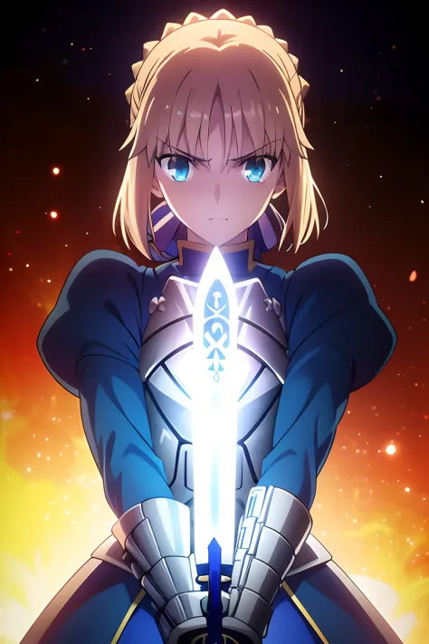 Fate, Saber, Upper body center, (blue clothing:1.2), Silver armor, Holding a sword, The blade of the sword shines