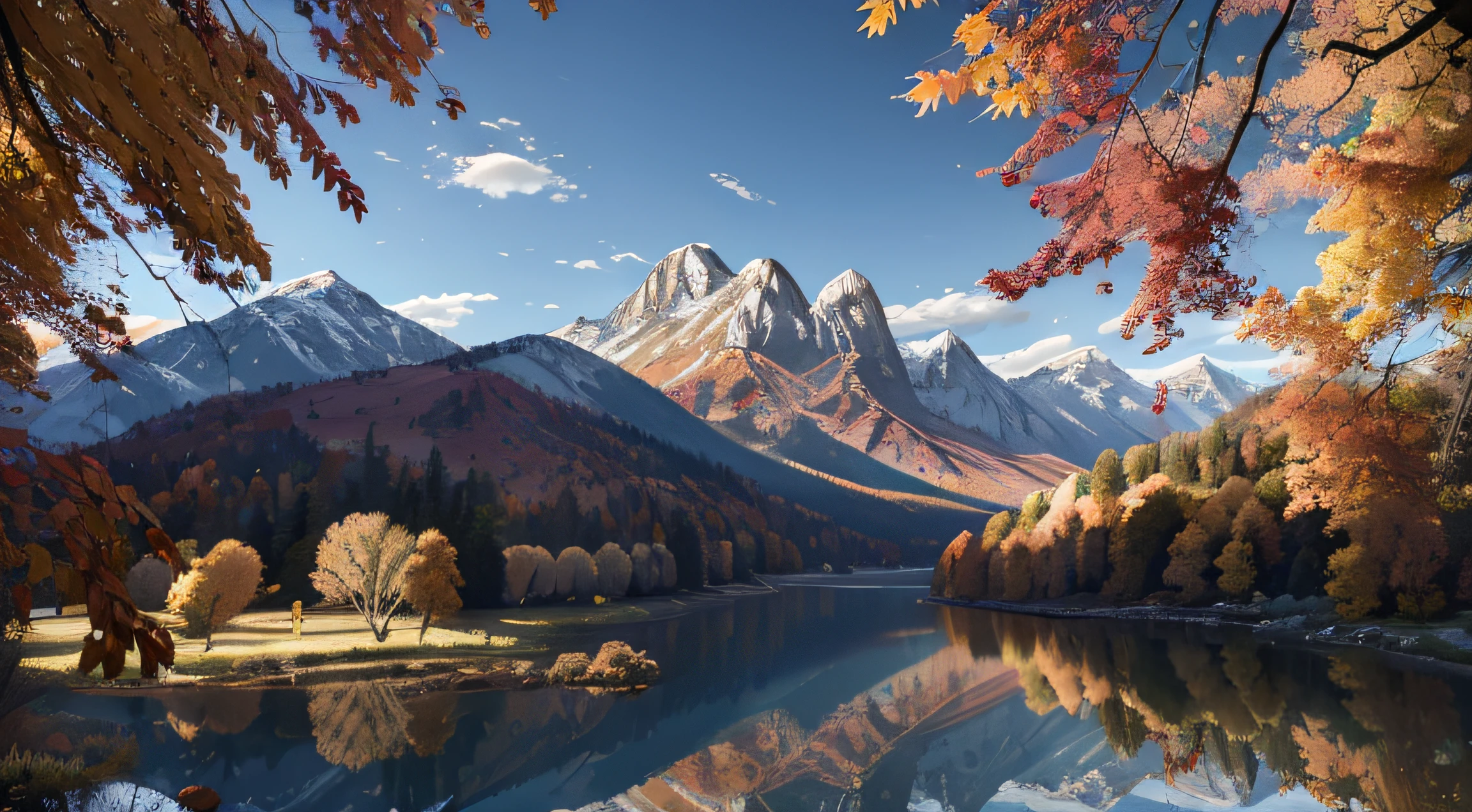 Ultrarealistic detail of trees in autumn colors, aerial viewpoint, colorful, mountains in background, lake in foreground, 8K, masterpiece