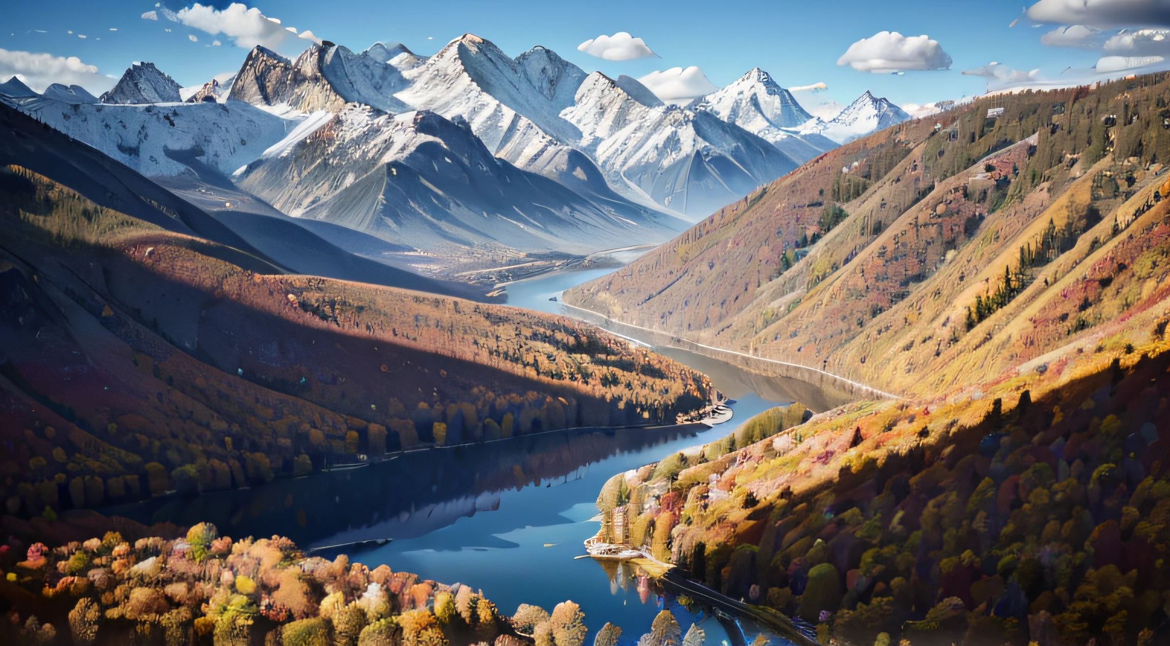 Ultrarealistische Details von Bäumen in Herbstfarben, Luftaufnahme, bunt, Berge im Hintergrund, See im Vordergrund, 8K, Meisterwerk