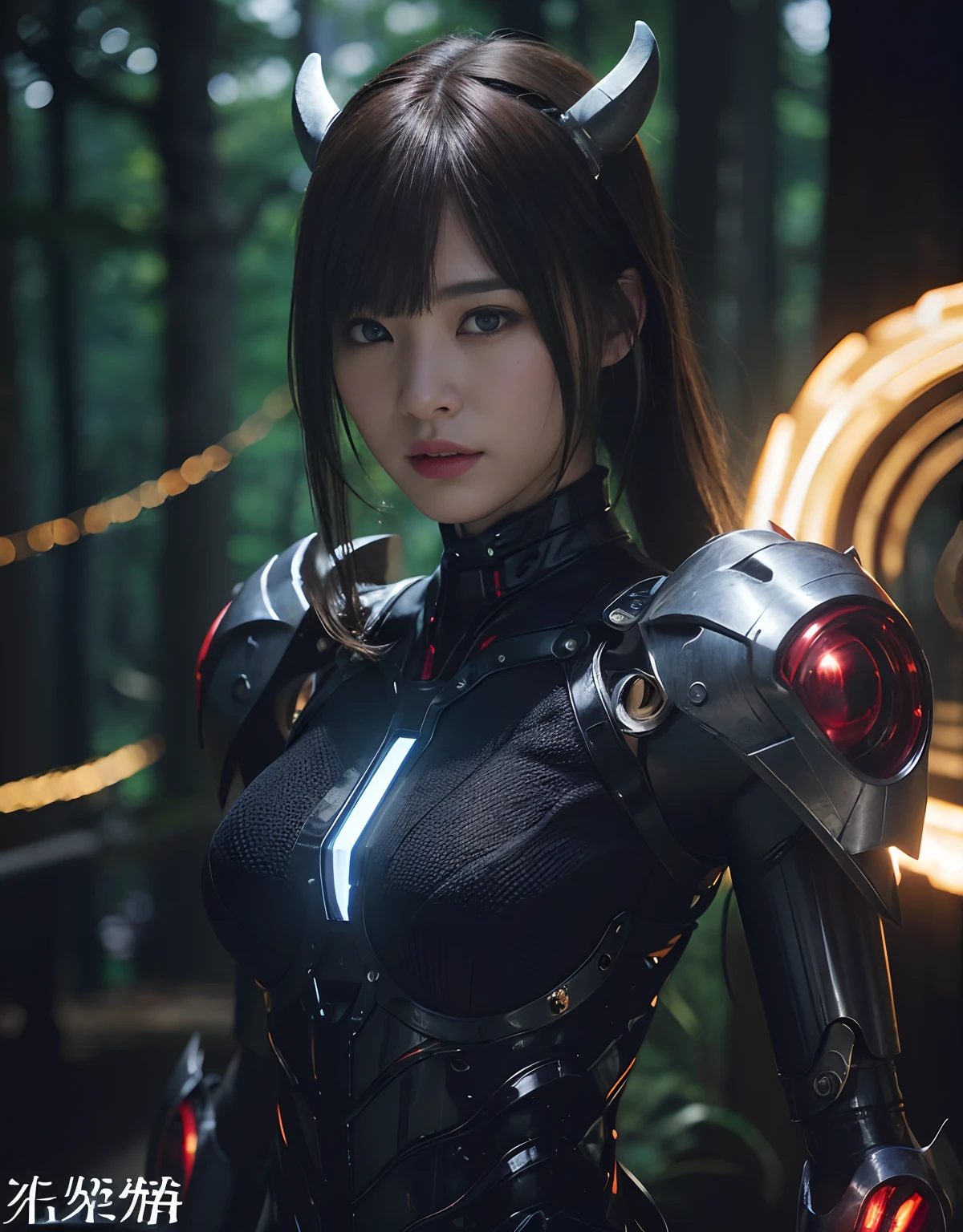 (1 Mechanical Girl)、top-quality、​masterpiece、超A high resolution、(Photorealsitic:1.4)、Raw photo、女の子1人、Fight mutants、glowy skin、(((1 Mechanical Girl)))、With a beautiful knife、（Silver Metal Bodysuit）、(Kobold、ogre、Fierce battle with orcs),（Fight fiercely against aliens）、Fight fiercely、(beautiful forest background)、(Fighting Demonic Beasts)、(Small LED)、((super realistic details))、portlate、(Strong giant demon beast background),globalillumination、Shadow、octan render、8K、ultrasharp、Colossal tits、Raw skin is exposed in cleavage、metals、Details of complex ornaments、Japan details、highly intricate detail、Realistic light、(Mystical expression),CGSoation Trends、Red Eyes、radiant eyes、Facing the camera、neon details、(Mechanical limbs)、(blood vessels connected to tubes)、Mechanical vertebrae attached to the back、mechanical cervical attaching to neck、(Wires and cables connecting to the head)、Gundam、Small LED、,Mechanical thighs、Toostock、（Hands are also made of machines）、（Attack of the Monster Beasts）、（Wounded in a deadly battle）、