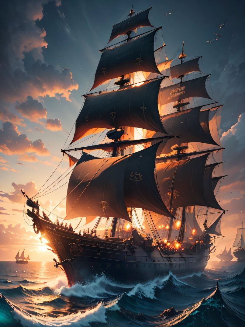 hightquality、hight resolution、​masterpiece、Raw photography、lighting like a movie、detailed cover artwork、amazing wallpapers、Painting of a ship in the sea against the background of the sunset、Four-masted ship、Old pirate ship、Gothic ship of the sea、very detailed digital art、detailed paintings