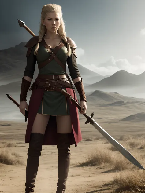 Generate an image portraying Lagertha as a respected leader, standing tall and commanding respect from her Viking army.