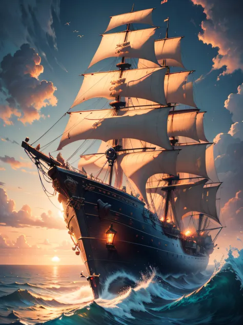 hightquality、hight resolution、​masterpiece、Raw photography、lighting like a movie、detailed cover artwork、amazing wallpapers、Painting of a ship in the sea against the background of the sunset、Four-masted ship、Old pirate ship、Gothic ship of the sea、very detai...