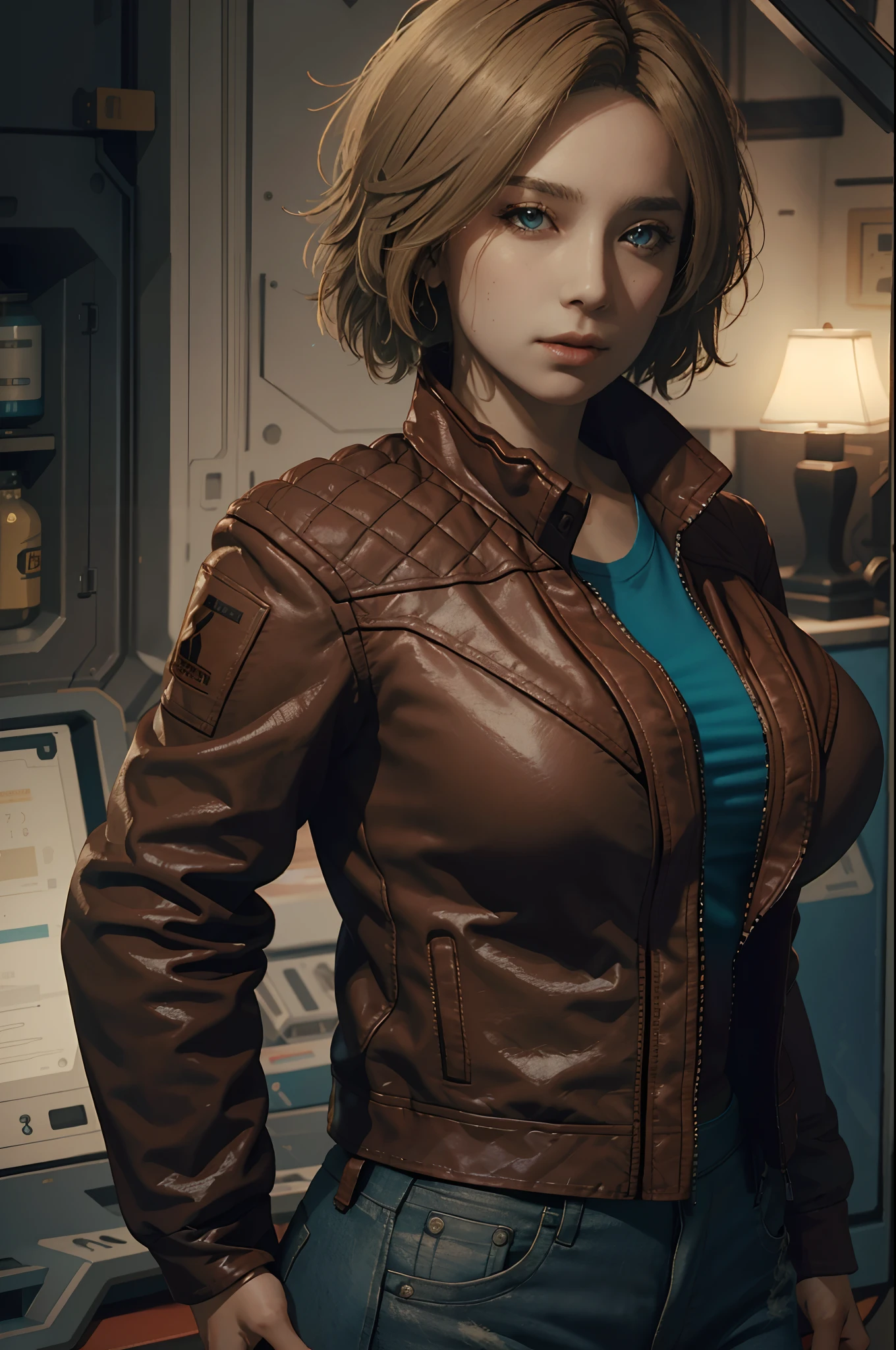 SarahStarfield, solo, realistic, jacket, leather jacket, (huge breasts:1.2)blonde hair, looking at viewer, leather, upper body, shirt, short hair, red jacket, lips, brown hair, blue eyes