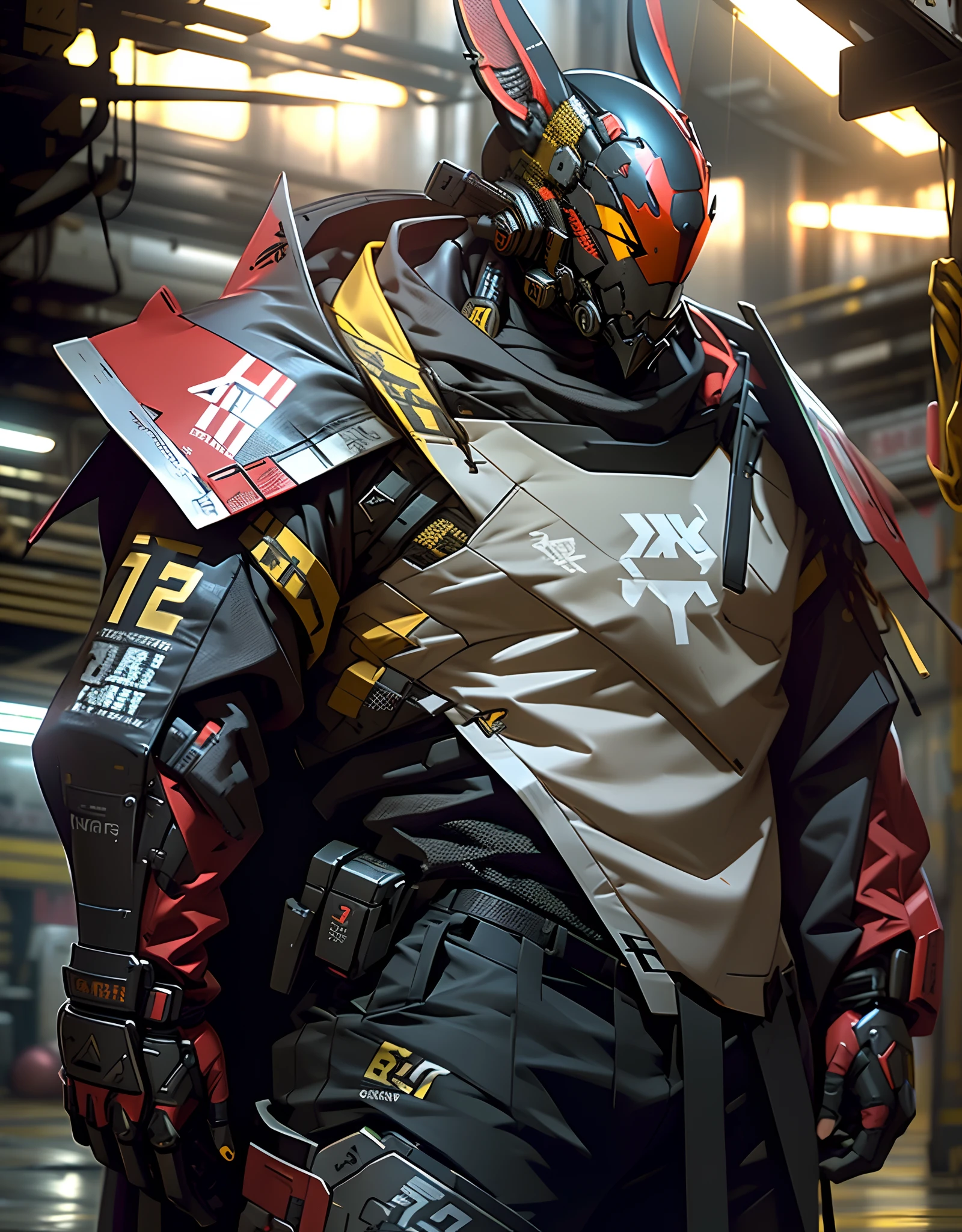 (best quality, high resolution, realistic:1.2), dark fantasy, furious male rabbit samurai, detailed rabbit head, dangerous, red, grey and yellow color palette, tactical suit with mech details