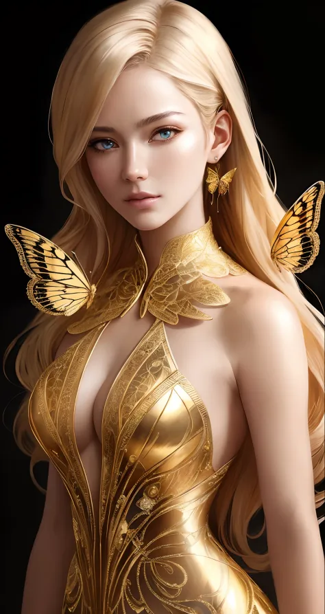 Masterpice, 8k portrait of a beautiful cyborg with blonde hair, intricate, elegant, highly detailed, majestic, digital photography, art by artgerm and ruan jia and greg rutkowski, surreal filigree golden butterfly painting, broken glass (masterpiece, side ...