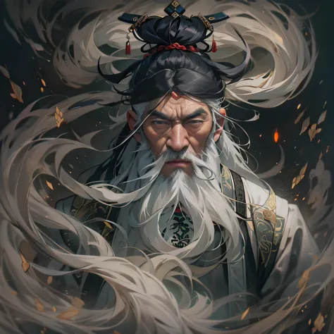 An old man,70 years old，Long white beard，Flowy glossy black mid-hair，Taoist，shadowboxing，yin yang，Exudes a powerful aura. Showca...