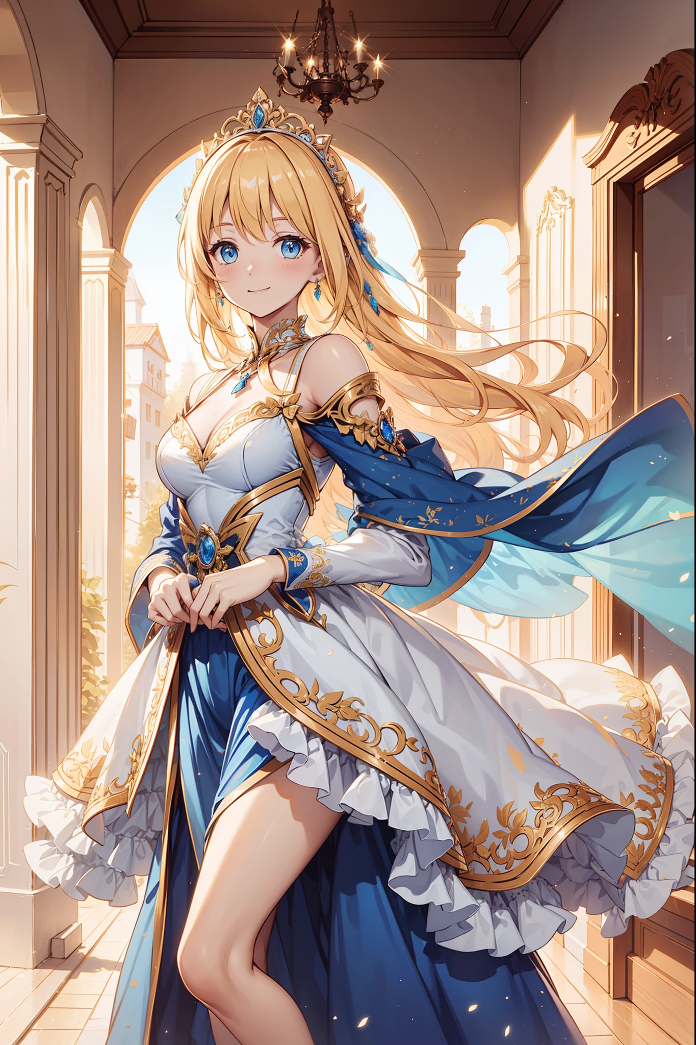 teens girl，Enchanted，Divine happiness，Being in love，(Yellow and white court dress dress)，blond hairbl，eBlue eyeaximalism，Multiple layers of delicate ruffles，Lots of lace，Delicate embroidery，Delicate pattern，Fabric headdress，exquisite costumes，Princess Crown，see-through transparent clothes，A small number of dark blue-white patterns，Beautiful detailed face，Bedroom scene in Western mythology，the night，Movie lighting，the night，solo person，(Flowing skirt:1.1)，metal decoration，Lace， (Shine:1.2), (Best quality), (Masterpiece:1.2),