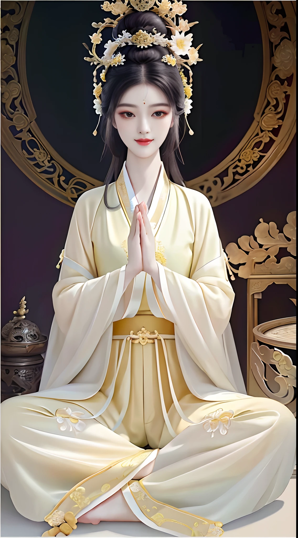 Amazing portrait of oriental beauty in yellow Hanfu, (cross-legged meditation: 1.3), (beautiful eyes), long eyelashes, solemn expression, ((prayer pose)), perfect facial features, delicate face, HD details, depth shooting, (sitting cross-legged), smiling, backlight, soft light, sacred, cinematic edge lighting, delicate gloss, ((trousers)), ((pure white background))