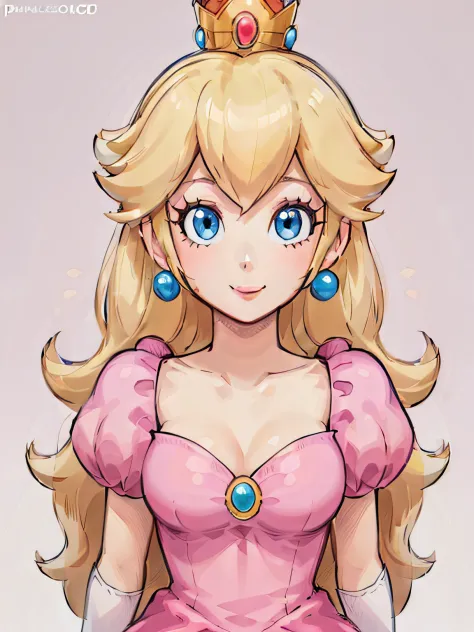 (1girl:1.3), solo, pch, princess peach, woman, adult, pink dress, brooch, white elbow length gloves, blonde hair, gold crown, bl...