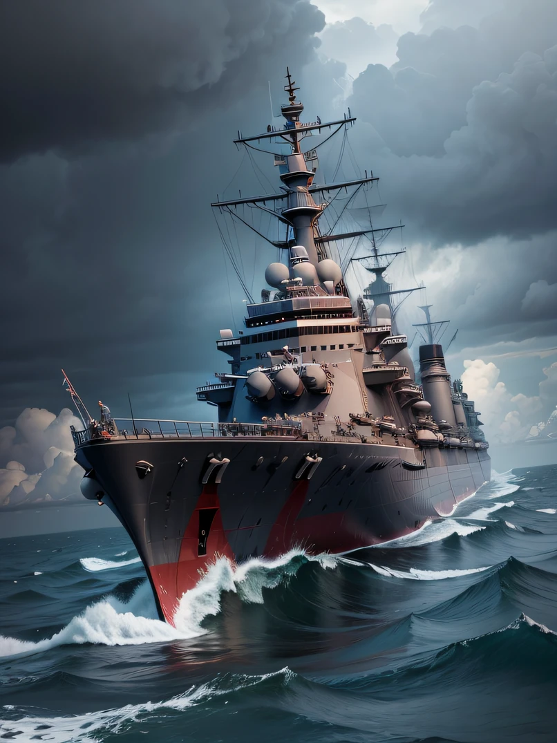 Portrait of a battleship、high quality photograph、hight resolution、Photorealsitic、ultra detailed photographic、Ultra detailed textures、1 Large battleships、turrets、Double-barrel、Missile launch、Ships sailing in the vast ocean、Big ocean waves、bad weather、dark sky、Wooded island in the background、Very heavy rain、Depiction from the side of the ship、battleship