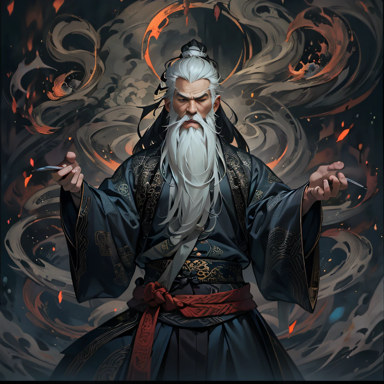 An old man,70 years old，Long white beard，Flowy glossy black mid-hair，Taoist，shadowboxing，yin yang，Exudes a powerful aura. Showcase his unparalleled prowess. The whole square was trembling, I really appreciate the great power that Li Gu has shown. , 32K, Best quality, Masterpiece, Super detail, High details,