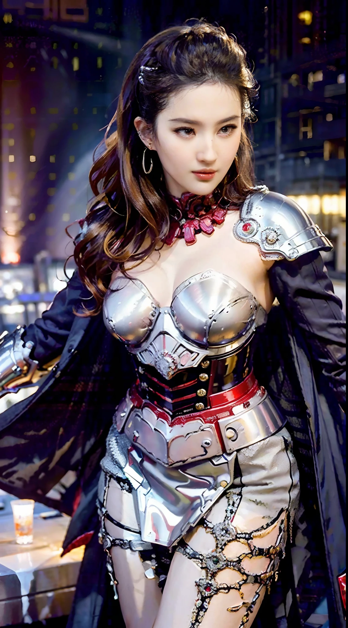 A woman wearing white and gold Iron Man armor， Mix 4, (8K, photo RAW, best qualityer, tmasterpiece: 1.2), (realisticlying, realisticlying: 1.37), 1girll, baik, The sci-fi city of the future, Rooftop, Sateen, dampness, profesional lighting, photon maping, Radio Siddard, physically-based renderingt, gradient brunette hair, short detailed hair, femele, Excellent image quality, A high resolution, 1080p,  Extreme light and shadow, hair messy, tmasterpiece, rich details​, (Exquisite facial features), (high-level image quality), (tmasterpiece), (A detailed eye), Looking forward to your eyes, (((Ruby set on armor，)))，Cowboy fighting pose，