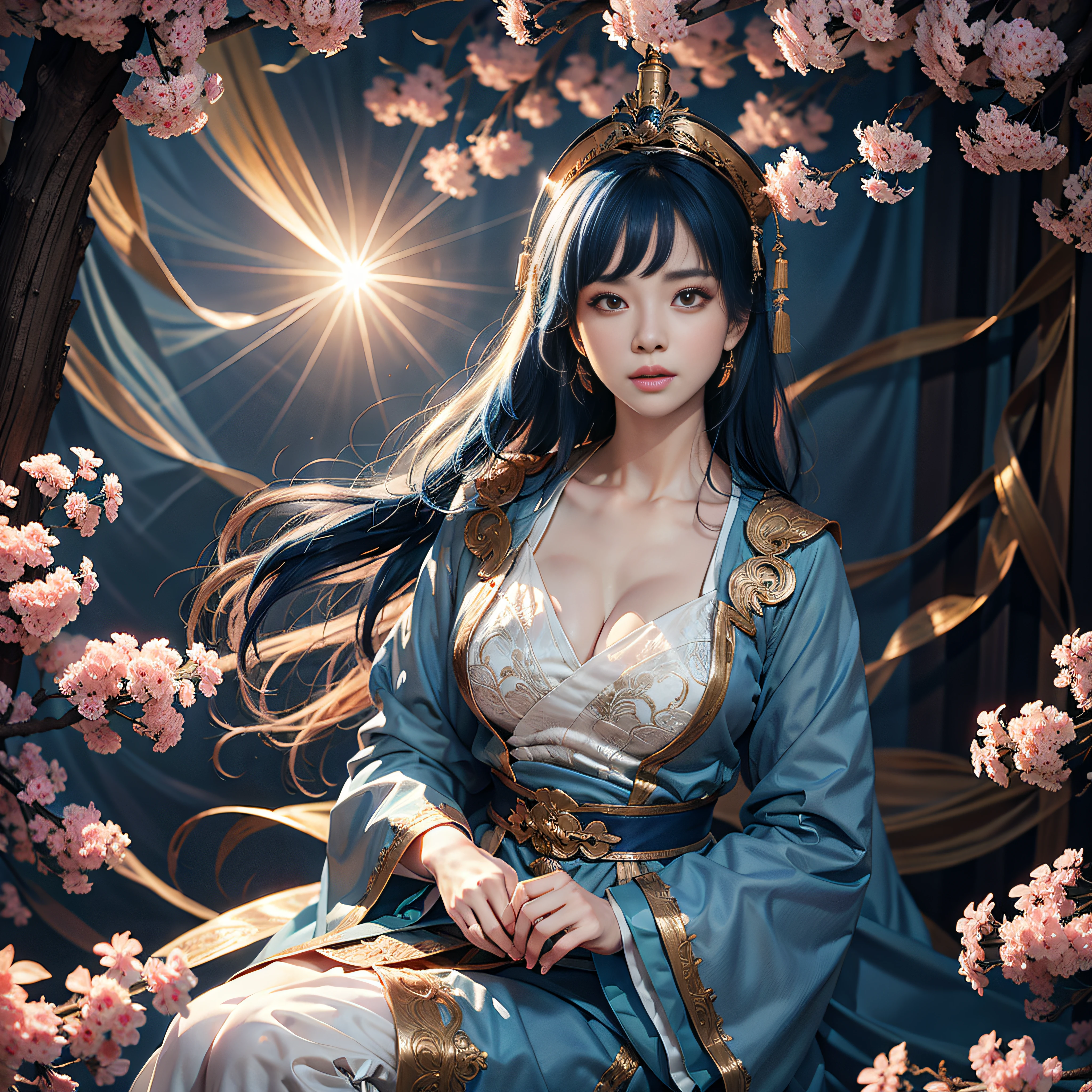 （（Jeizuo））），（（（best qualit））），（（ultra-detailliert）），（A hyper-realistic），（High Definition CG Illustration），Movie Light，Lifelike，（ganyu），Very beautiful young lady，Whirlwind，A bell hangs on his chest，（Beautiful face and lips），Light makeup，Intricate Details EBA，lightblue hair，blue cloak，Popular on ArtStation，Big thighs，fully body photo、Japanese dress、Colossal tits