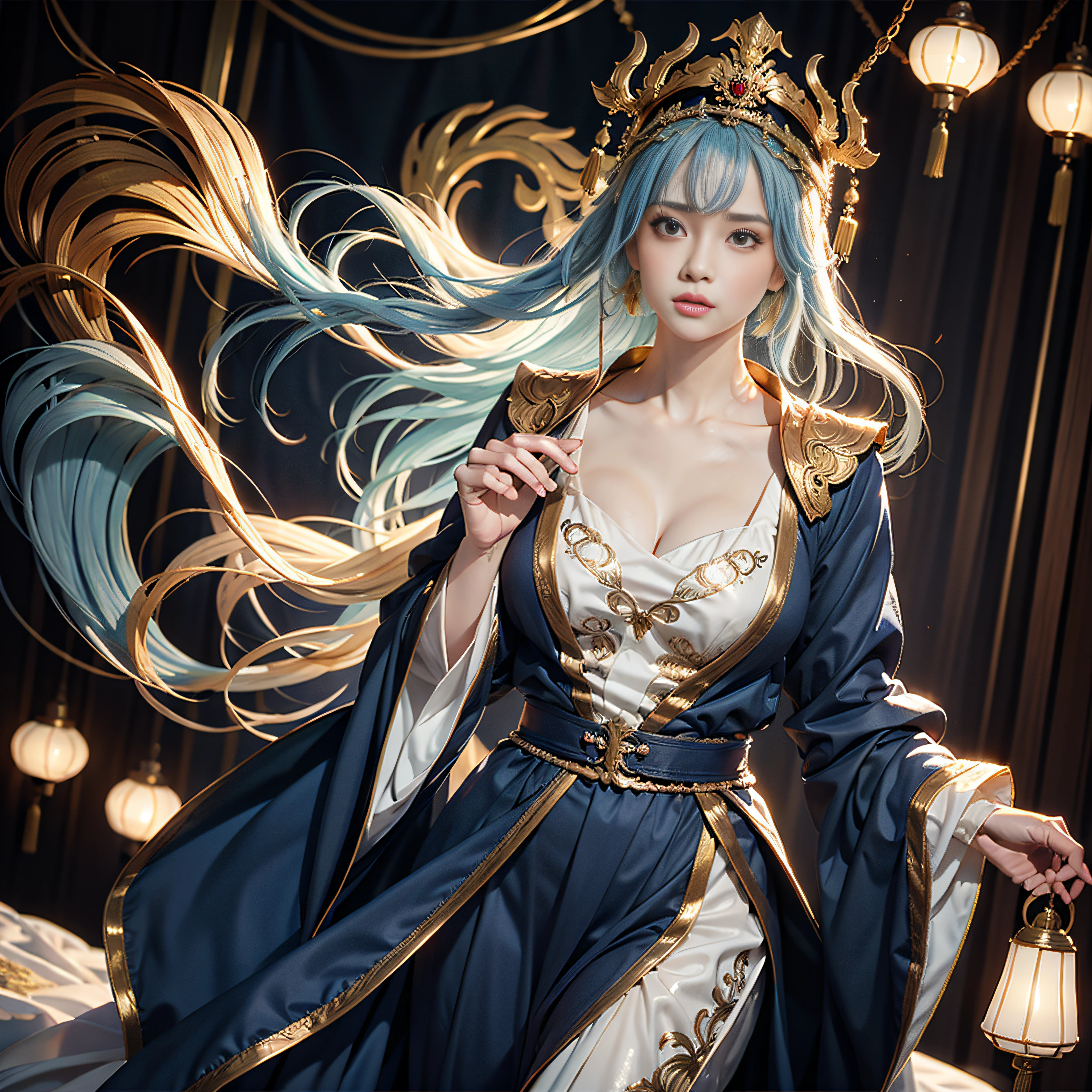 （（Jeizuo））），（（（best qualit））），（（ultra-detailliert）），（A hyper-realistic），（High Definition CG Illustration），Movie Light，Lifelike，（ganyu），Very beautiful young lady，Whirlwind，A bell hangs on his chest，（Beautiful face and lips），Light makeup，Intricate Details EBA，lightblue hair，blue cloak，Popular on ArtStation，Big thighs，fully body photo、Japanese dress、Colossal tits