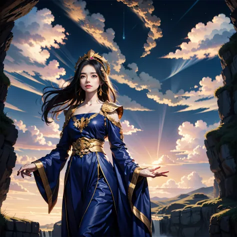 1 girl, Ancient empresses, cloud, skyporn, Night, mont, Waterfall, jewely
