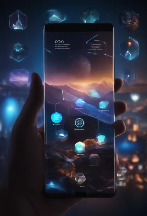 Image of a design a phone in the future, a smartphone as a hard light structure, holographic hard light screen, the scene shows different apps, futuristic technology