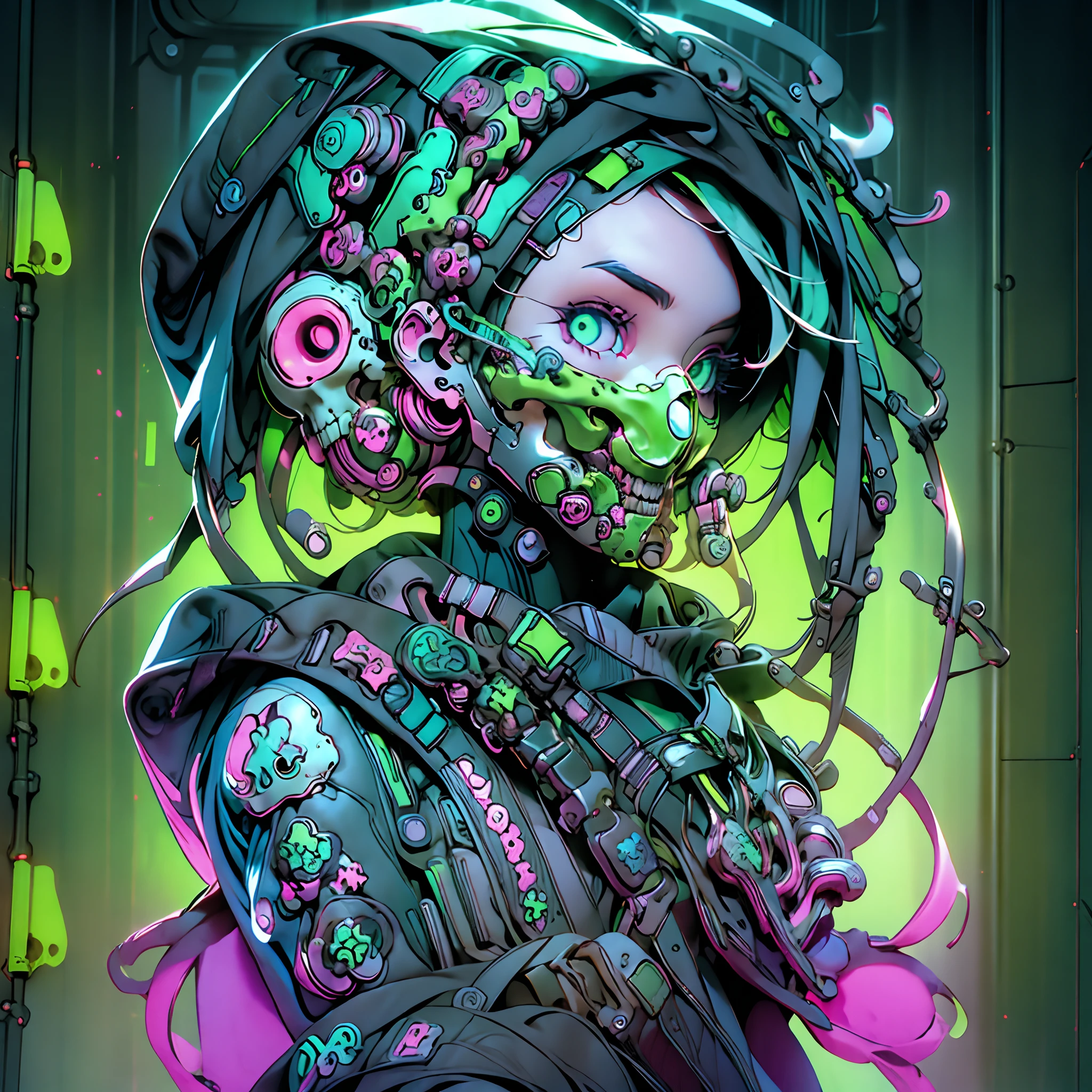 seul_femme à côté d’une fenêtre,Monde cyberpunk,masque à gaz vert néon avec motif squelettique