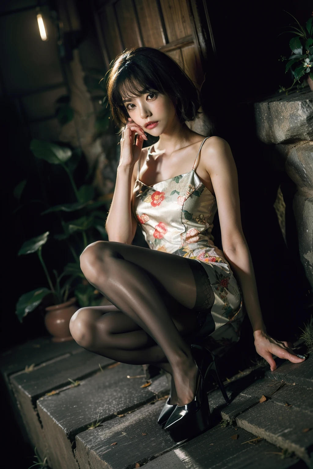 (Full body:1.5)，(1girl in:1.3),(view the viewer:1.4)，(anatomy correct:1.4),(opaque pantyhose and pointed thick heels,, :1.3),(Sitting at the top of a mountain:1.2),(Wearing a floral dress in Chinese style:1.2),short hair flowing golden:1.2),(Accurate and perfect face:1.3),(Long legs:1.3),hyper HD, Ray traching, reflective light， Structurally correct, awardwinning, high detailing, Lighten the shade contrast, Face lighting ，Cinematic lighting, masutepiece, super detailing, High quality, high detailing, Best Quality, 16 K，High contrast,