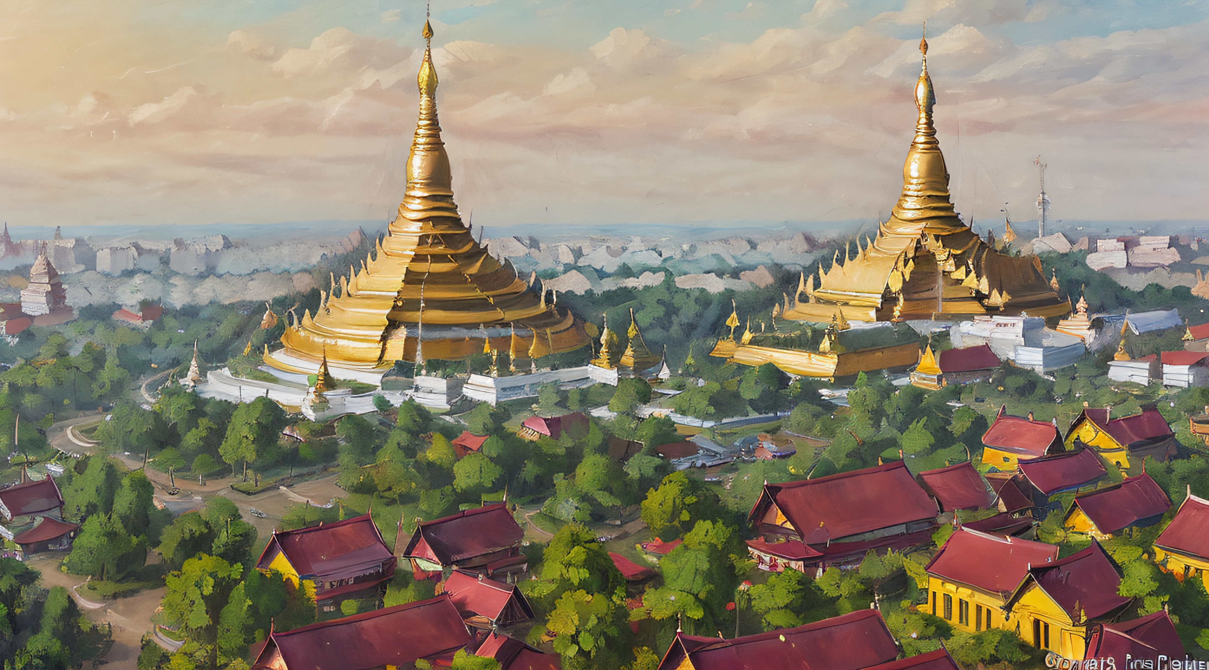 Pagode Shwedagon,(( Birmanie, Rangoun)), dans le style de la peinture à l&#39;huile,  Art conceptuel, Vieux batiments, centre ville,Style des années 70, œuvre d&#39;art chef-d&#39;œuvre, dans le style de Norman Rockwell.